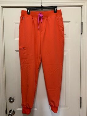 Figs Coral or Orange Scrub Jogger Pants with Purple Drawstring Size Large